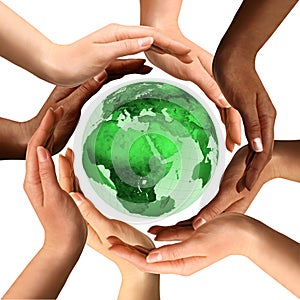 Multiracial Hands Around the Earth Globe photo
