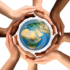 Multiracial Hands Surrounding the Earth Globe photo
