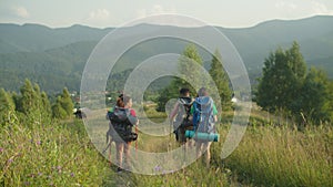 Multiracial hikers with backpacks and trekking poles walking down from mountain hill