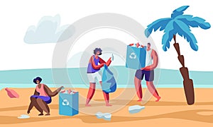 Multiracial Human Characters Picking Up Litter on Beach During Coastal Cleanup. Volunteers Collecting Trash in Bags with Recycle