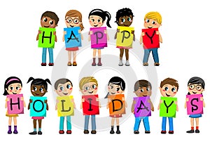 Multiracial kids children cardboard spell out happy holidays text isolated