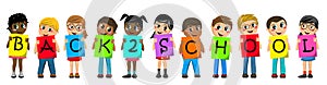 Multiracial kids children holding cardboard spell out back to school text isolated