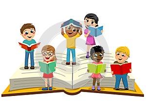 Multiracial Kids or children reading big open book isolated