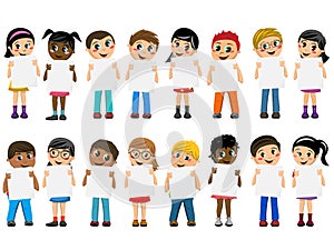 Multiracial kids children standing holding blank cardboard isolated
