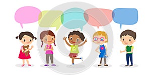 Multiracial kids with speech bubbles, diverse Kids and Different nationalities with speech bubbles isolated on white background