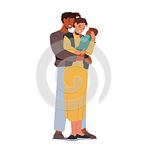 Multiracial Loving Parents with Baby. Mother and Father Caucasian and African Ethnicity Family Characters Holding Child