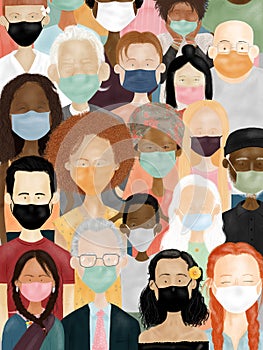 Multiracial masked people being aware of coronavirus pandemic