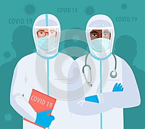 Multiracial medical team Doctors in protective clothes during corona-virus pandemic. Epidemic of corona-virus covid 19.