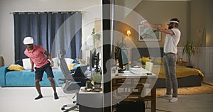 Neighbours in VR headsets play video games in different rooms or apartments photo