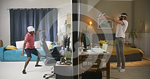 Neighbours in VR headsets play video games in different rooms or apartments photo