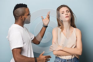 Multiracial millennial couple fight having relationships problems