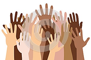 Multiracial multicultural human hands up crowd isolated vector photo