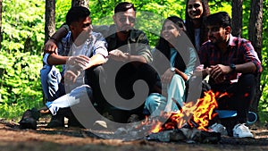 Multiracial pakistanian happy friends at picnic camping park .