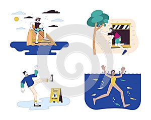 Multiracial people in dangerous situations line cartoon flat illustration se