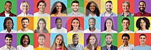 Multiracial people faces mosaic. Set of various men and women portraits smiling and posing over colorful backgrounds