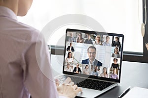 Multiracial people involved in group video call pc screen view