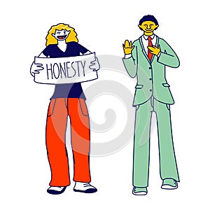 Multiracial People Swear and Tell Truth. Man Gesturing Hold Palm on Chest and Woman Performing Banner with Honesty