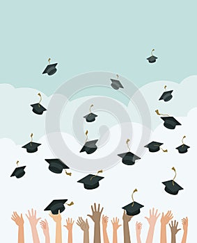 Multiracial peoples hands throwing graduation hats in the air. Graduating students