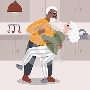 Multiracial senior couple dancing in the kitchen. Old lady and black african american gentleman dancing romantically. Stylized
