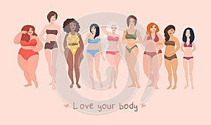 Multiracial women of different height, figure type and size dressed in swimsuits standing in row. Female cartoon