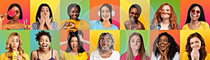 Multiracial young women gesturing and grimacing on colorful backgrounds, collage