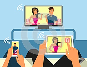 Multiscreen interaction. Man and woman are