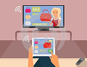 Multiscreen interaction. Woman is purchasing red