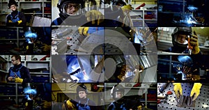 Multishot collage in industrial workshop, laborer is welding and working with details