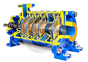 Multistage high pressure prepared pumpfor pumping of water, fuel, oil and oil or chemical products, closeup details