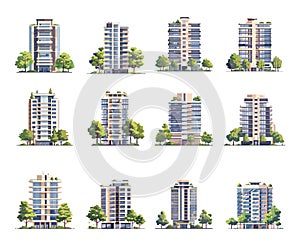 Multistorey buildings cartoon vector set. Modern housing architecture trees eco residential environment illustrations