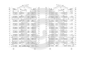 Multistory building facade, detailed architectural technical drawing, vector