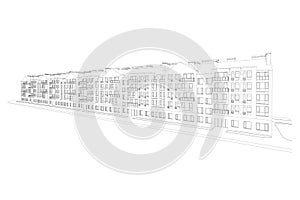 Multistory building facade, detailed architectural technical drawing, vector blueprint