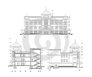 Multistory building facade and section, detailed architectural technical drawing, vector blueprint