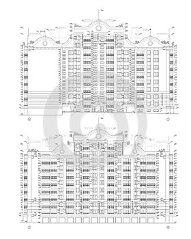 Multistory building facades, detailed architectural technical drawing