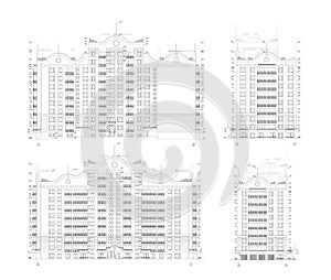 Multistory building facades, detailed architectural technical drawing