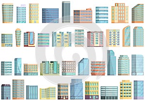 Multistory building icons set cartoon vector. Interior architecture