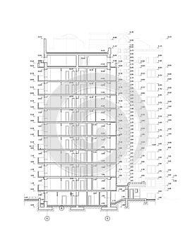 Multistory building section, detailed architectural technical drawing, vector blueprint