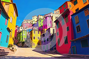 Multistory old Italian village densely populated residential neighborhood - generative AIith cobblestone road - art illustration.