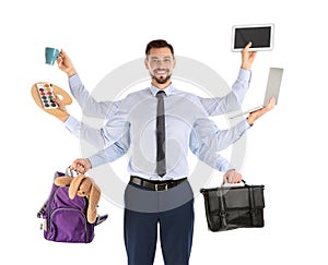 Multitask businessman with many hands holding different stuff on white background