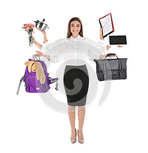 Multitask businesswoman with many hands holding different stuff on white background.