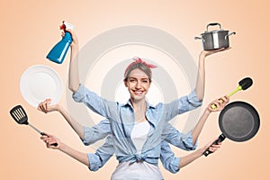 Multitask housewife with many hands holding different stuff on beige background