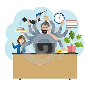 Multitask man. Father, daddy, businessman with child, working, coocking and calling. Flat vector