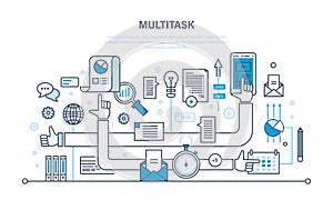 Multitask, performing multiple task simultaneously, using tablet, laptop, cellphone, data.