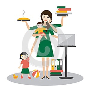 Multitask woman. Mother, businesswoman with baby, older child, working, coocking and calling.