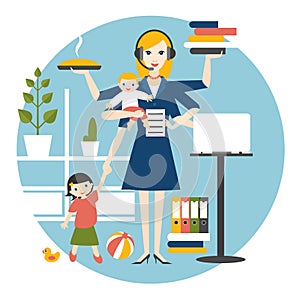 Multitask woman. Mother, businesswoman with baby, older child, working, coocking and calling