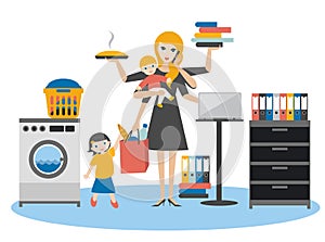 Multitask woman. Mother, businesswoman with baby, older child, working, coocking and calling