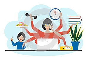 Multitask woman. Mother, businesswoman with child, working, coocking and calling. Flat vector