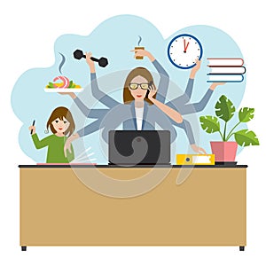 Multitask woman. Mother, businesswoman with child, working, coocking and calling. Flat vector