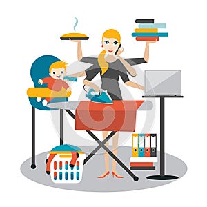 Multitask woman. Vector illustration.