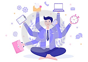 Multitasking Business Man Or Office Worker as Secretary Surrounded By Hands With Holding Every Job In The Workplace. Vector
